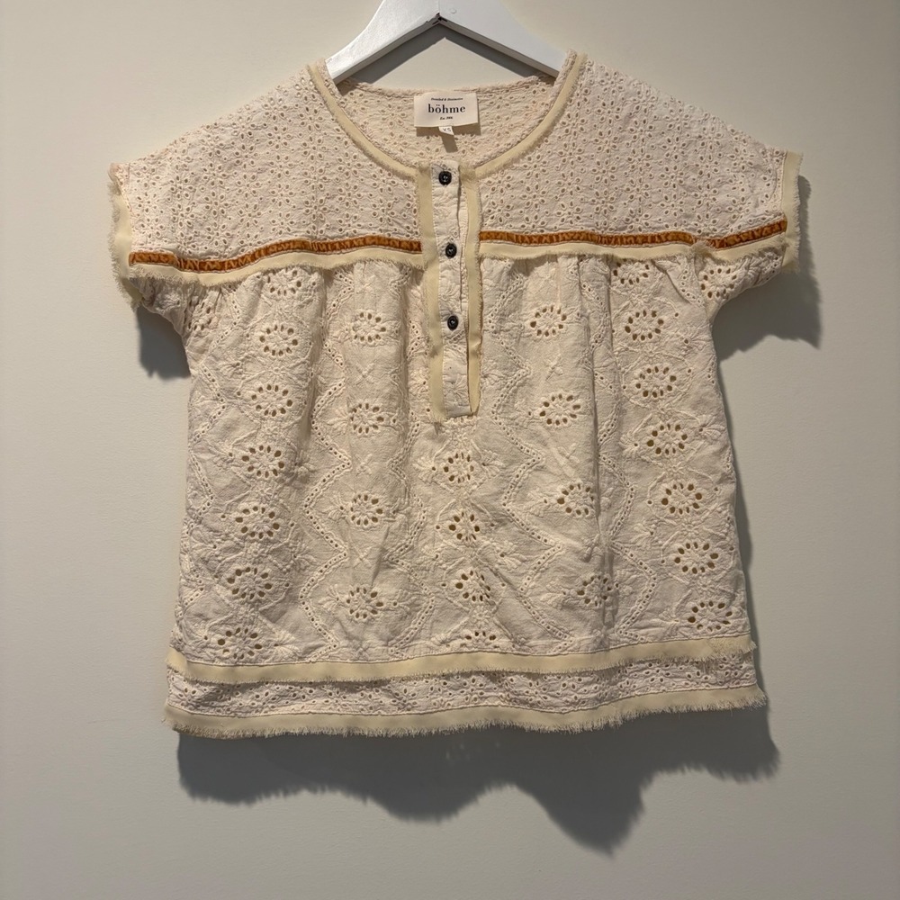 Bohme Cream Eyelet Short Sleeve Button Front Top BHM158 Womens XS Velvet Trim